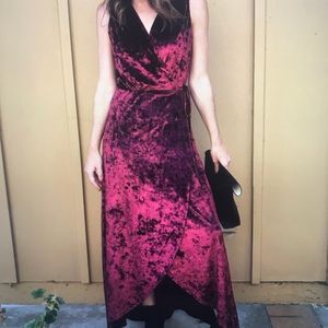 Red velvet wrap dress. Hi-low